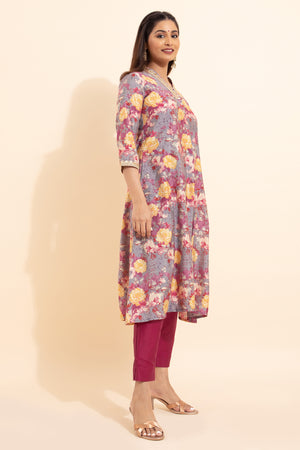 Lace Embellished Floral Printed Kurta - Pink