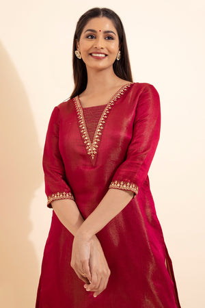 Floral Embroidered Kurta - Red