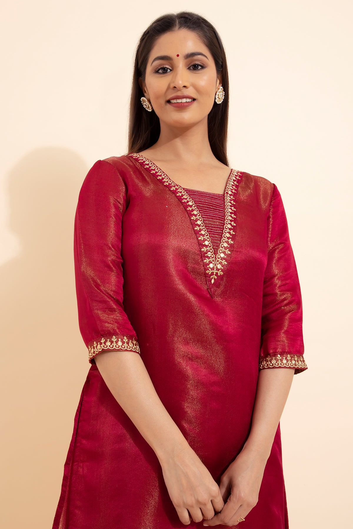 Floral Embroidered Kurta - Red