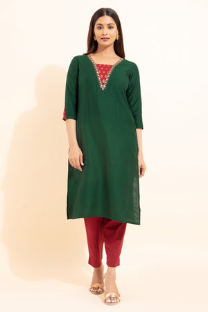 Floral Embroidered Brocade Patchwork Kurta - Green