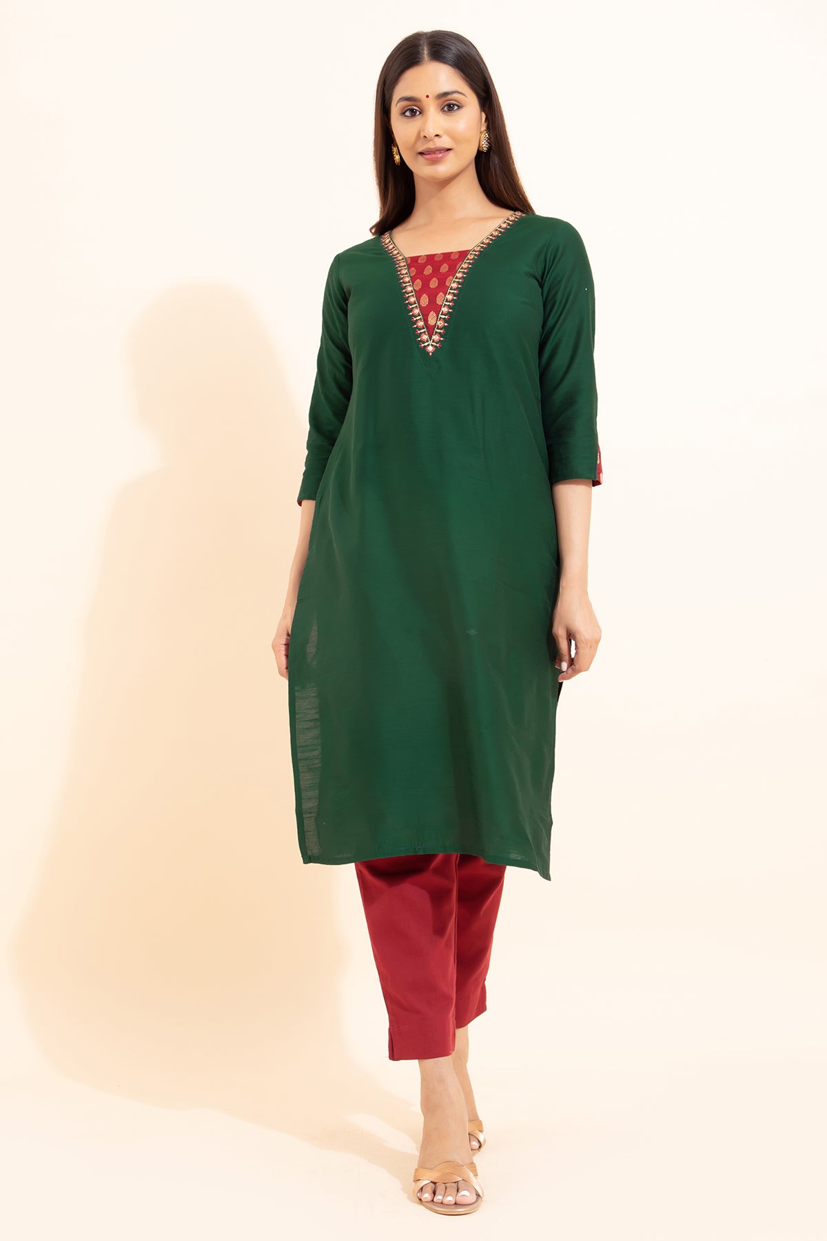 Floral Embroidered Brocade Patchwork Kurta - Green