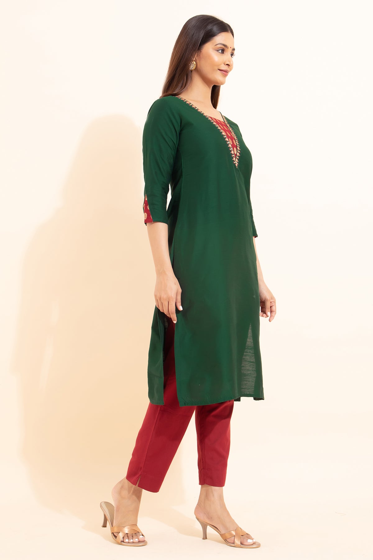 Floral Embroidered Brocade Patchwork Kurta - Green