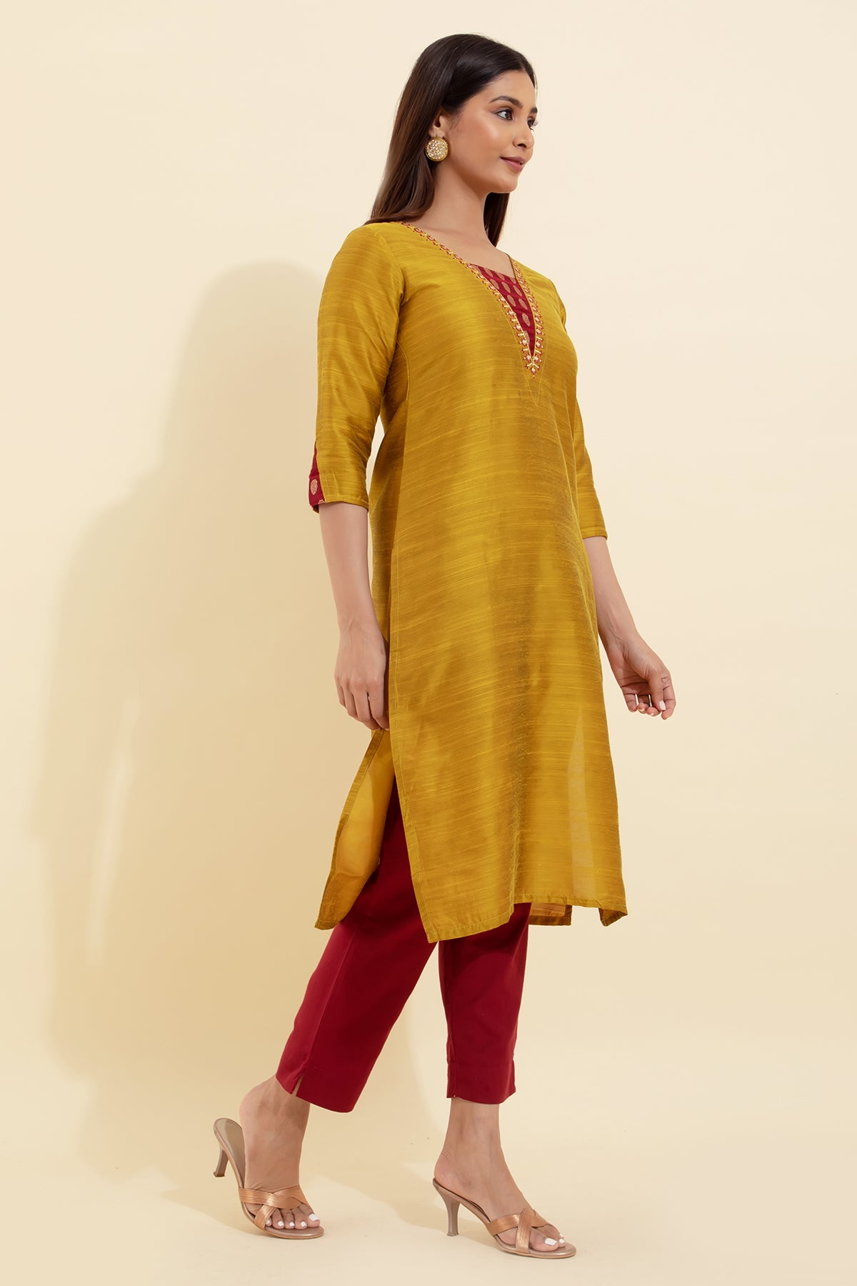 Floral Embroidered Brocade Patchwork Kurta - Mustard