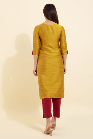 Floral Embroidered Brocade Patchwork Kurta - Mustard