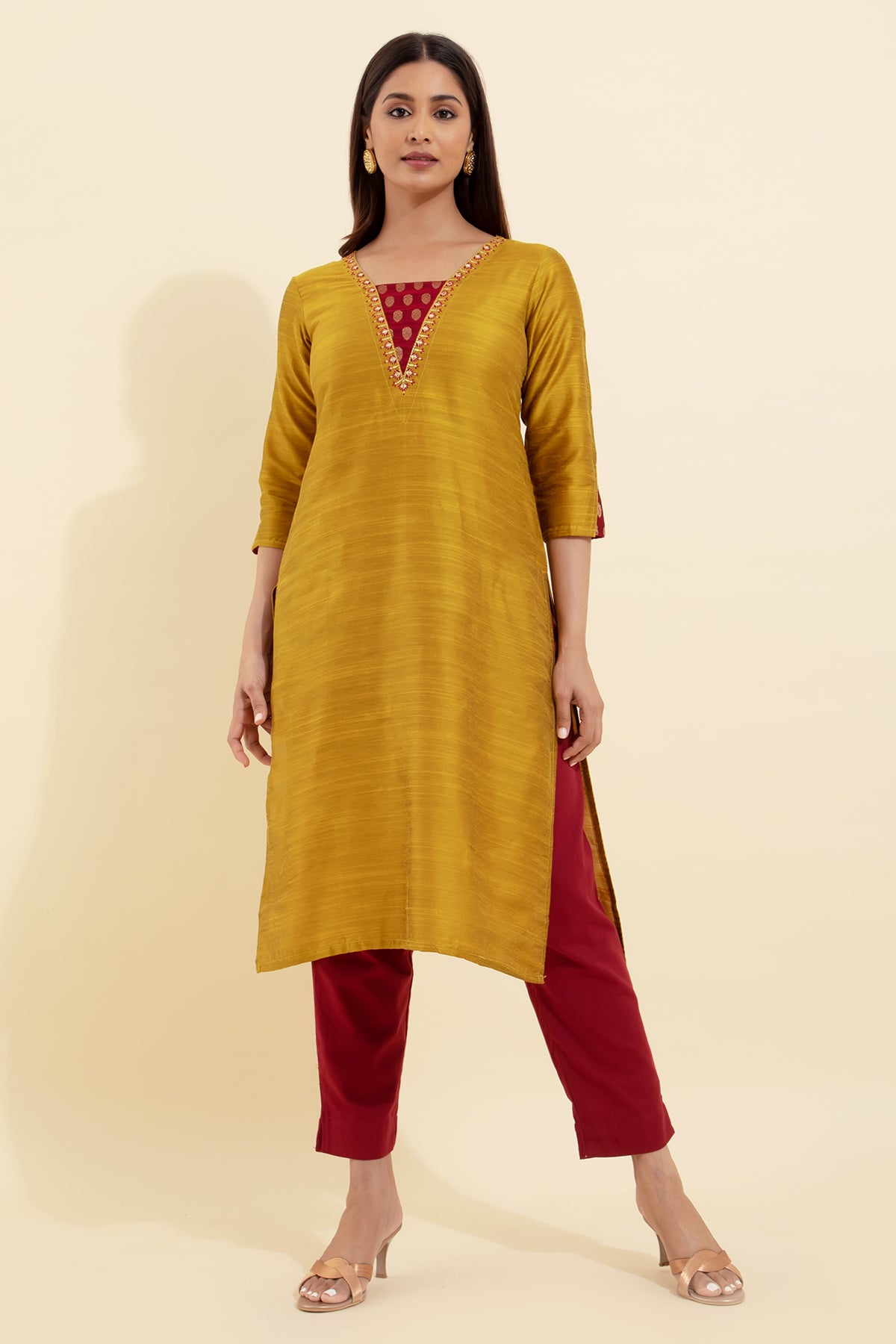 Floral Embroidered Brocade Patchwork Kurta - Mustard