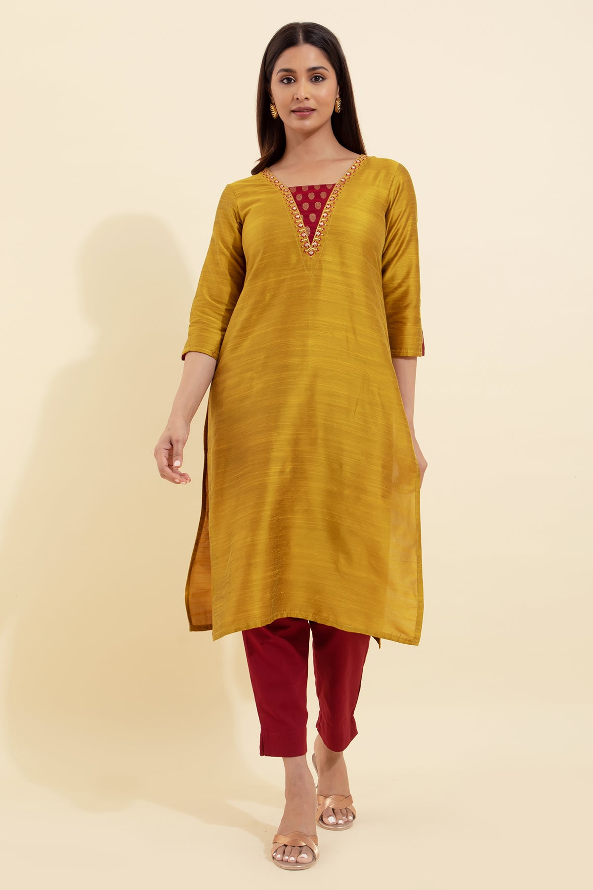 Floral Embroidered Brocade Patchwork Kurta - Mustard