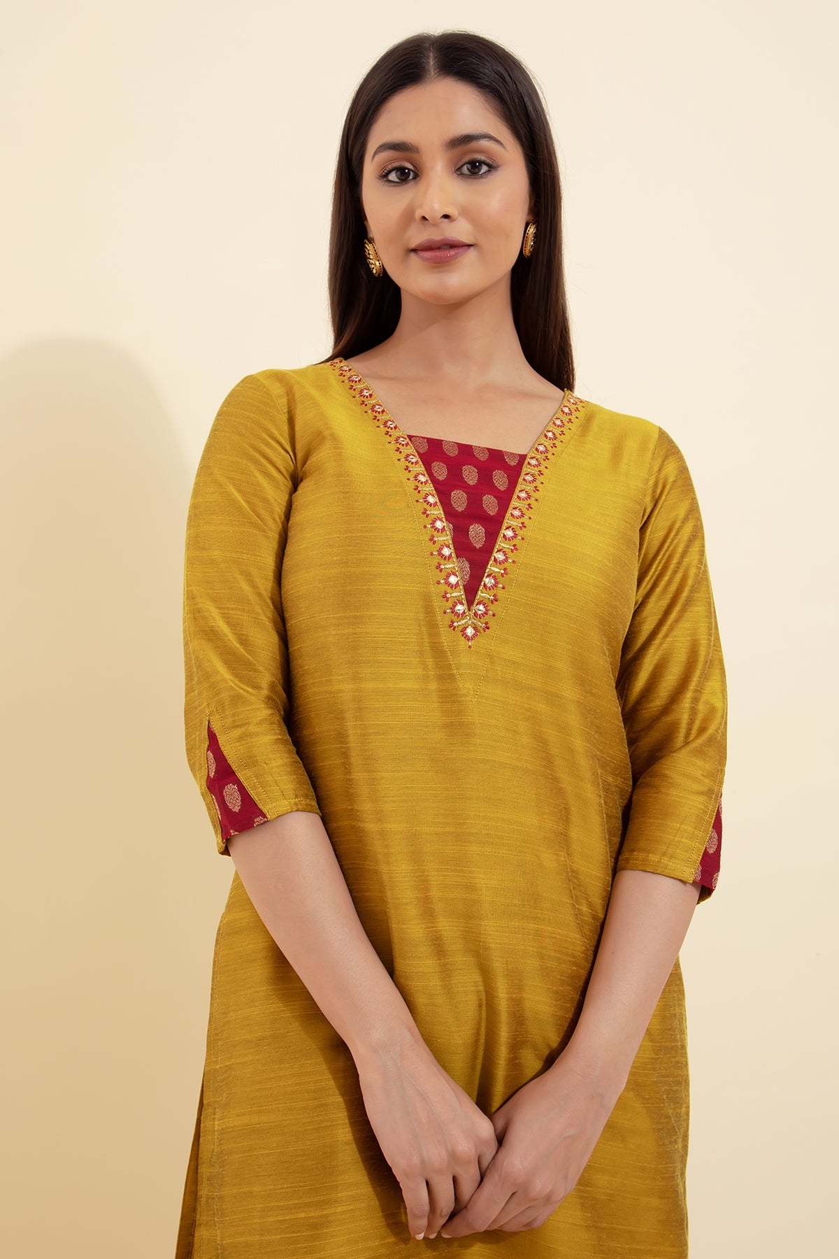 Floral Embroidered Brocade Patchwork Kurta - Mustard