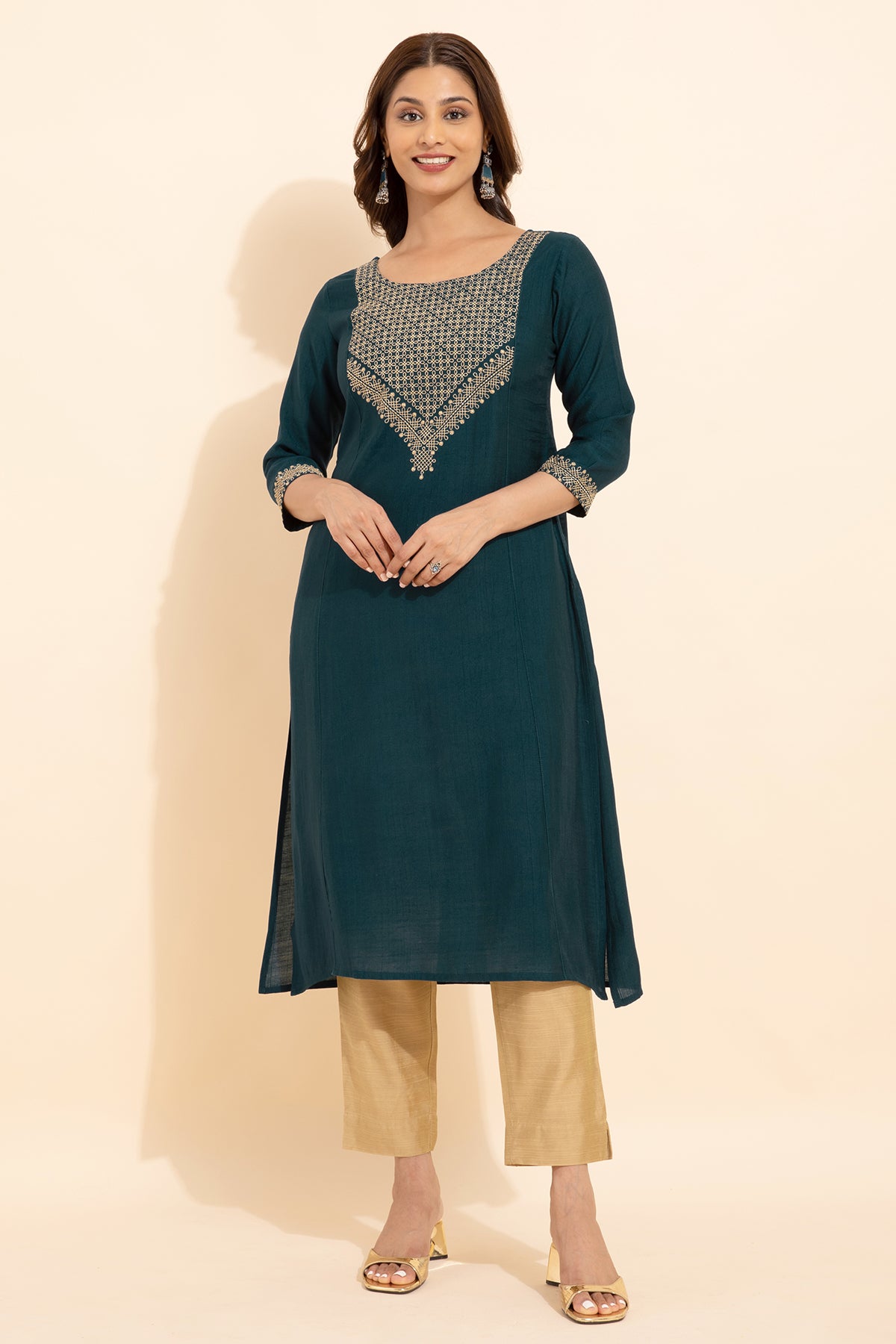 Kolam Motif Embroidered Yoke Kurta Blue