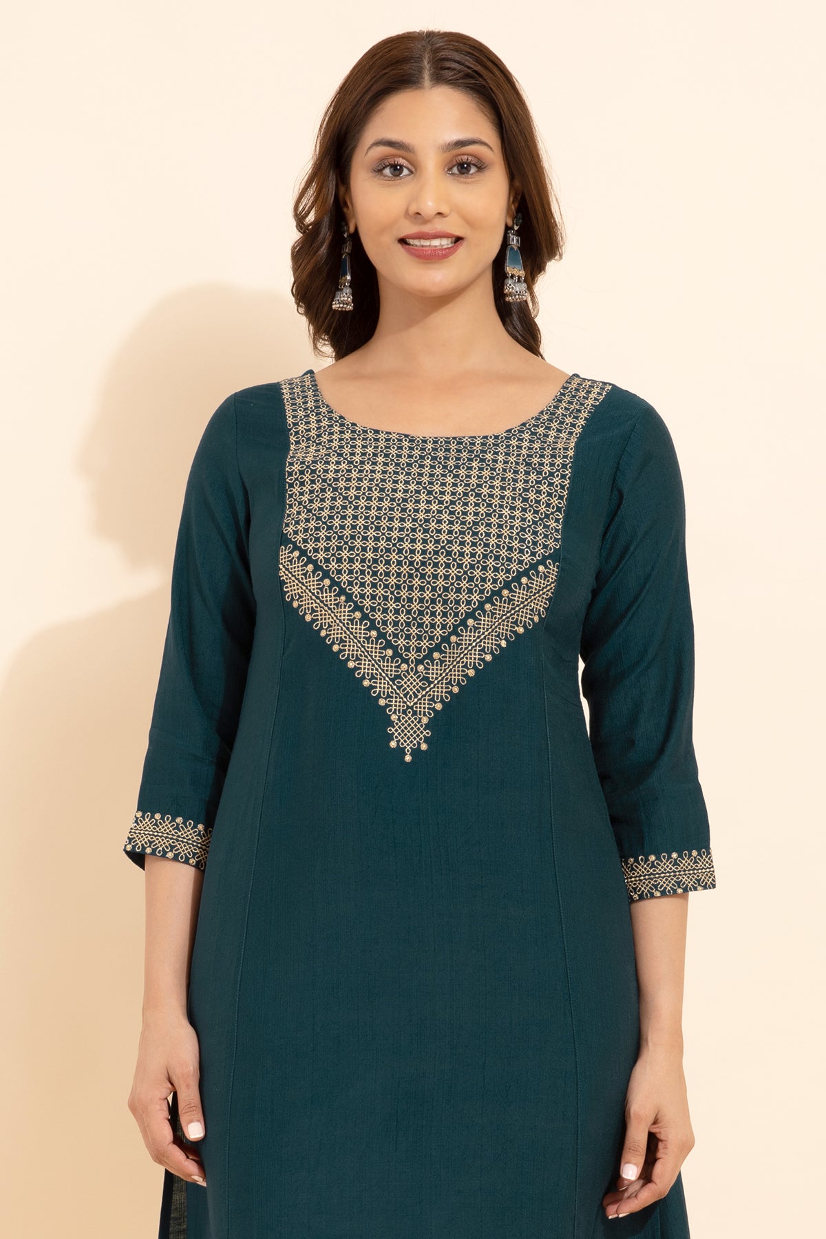 Kolam Motif Embroidered Yoke Kurta Blue