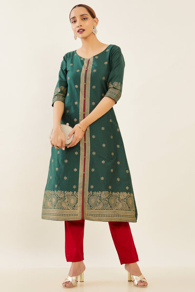 All Over Floral & Peacock Motif Printed A-Line Kurta - Green