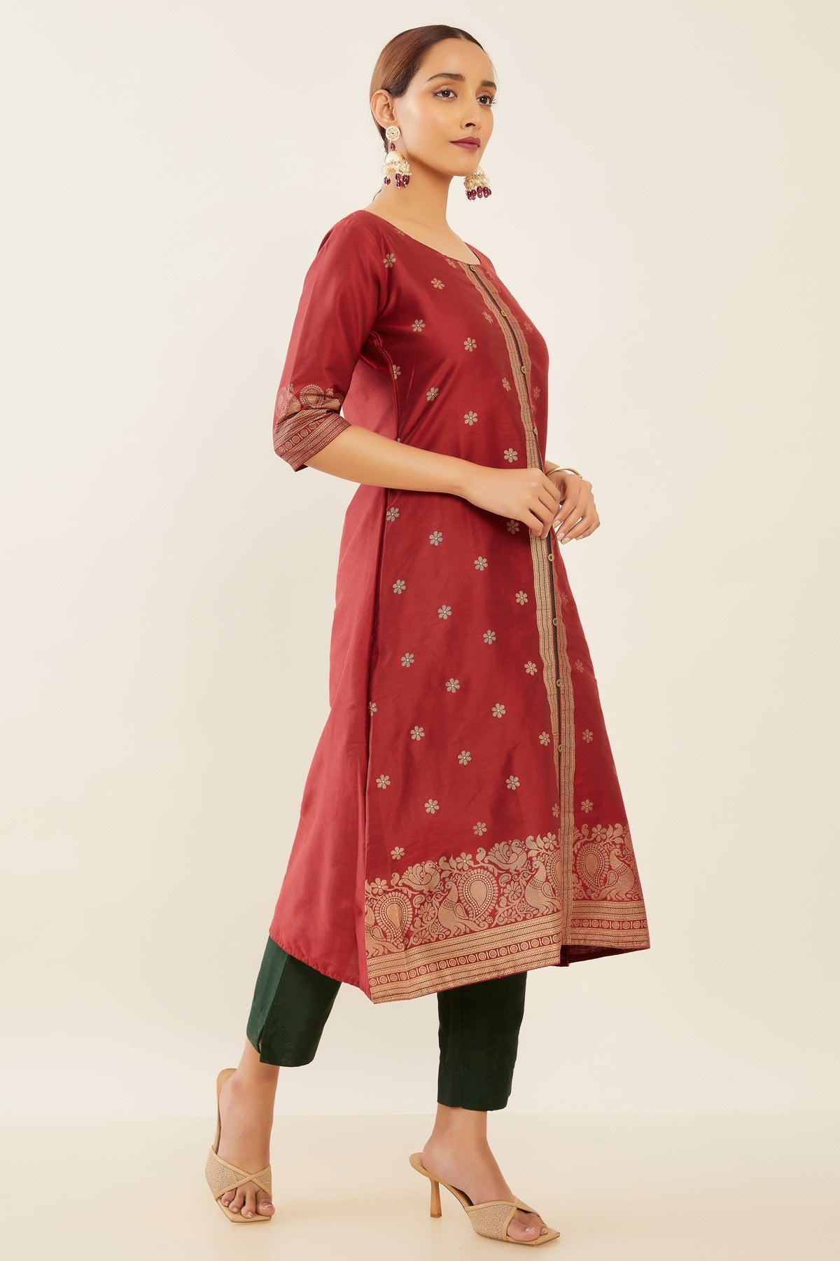 All Over Floral Peacock Motif Printed A Line Kurta Maroon