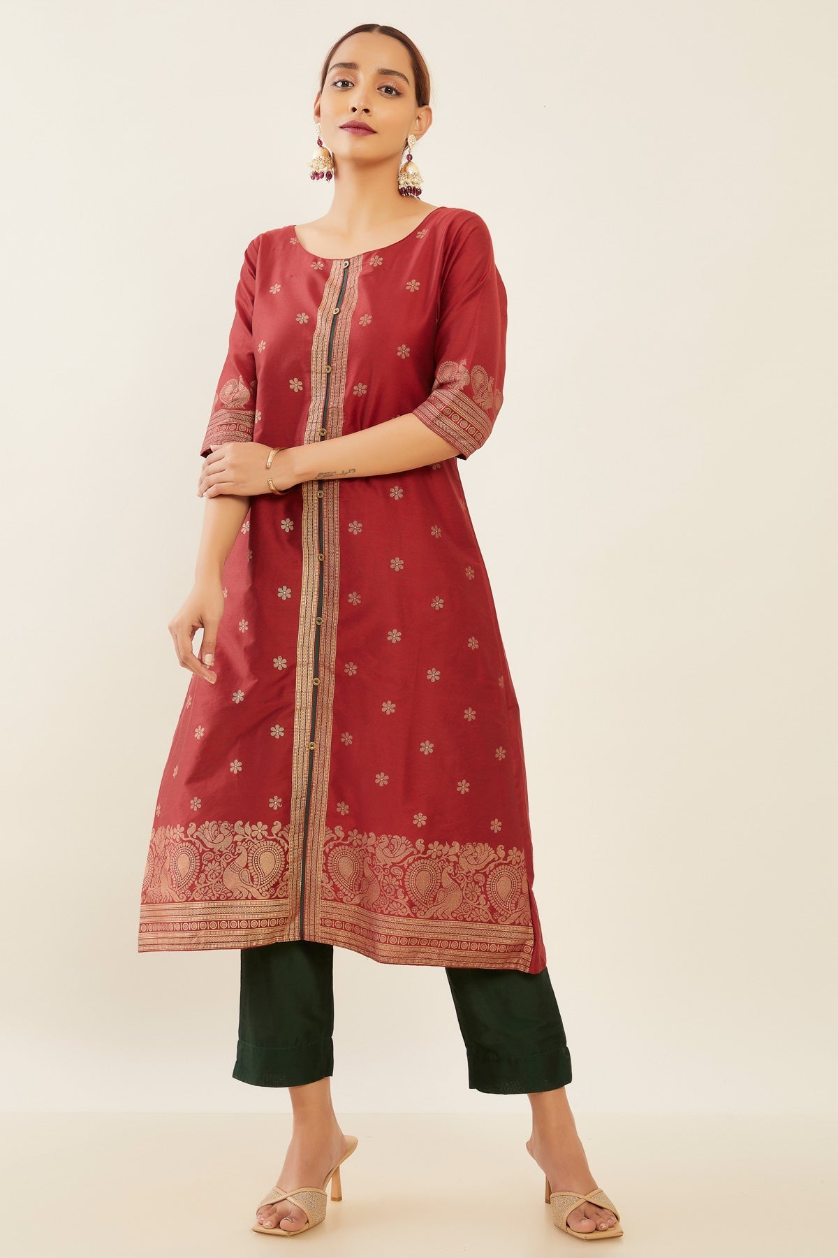 All Over Floral Peacock Motif Printed A Line Kurta Maroon