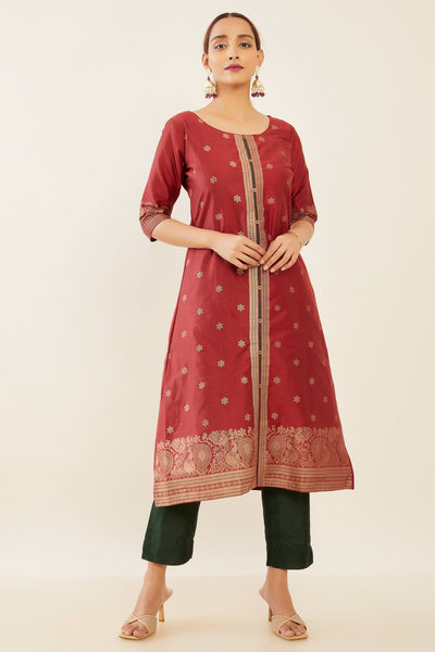 All Over Floral & Peacock Motif Printed A-Line Kurta - Maroon