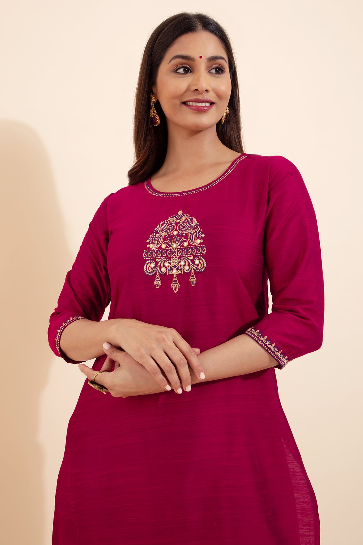 Peacock Embroidered Kurta - Pink