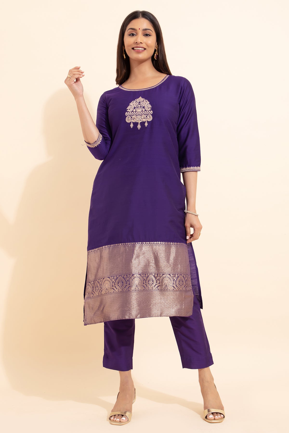 Peacock Embroidered Kurta - Purple