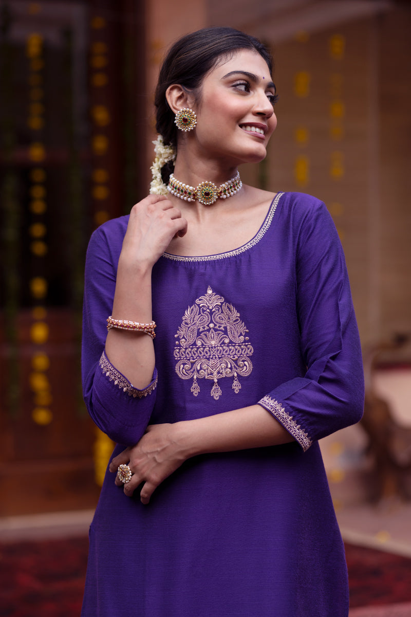 Peacock Embroidered Kurta - Purple
