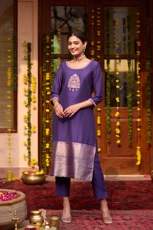 Peacock Embroidered Kurta - Purple