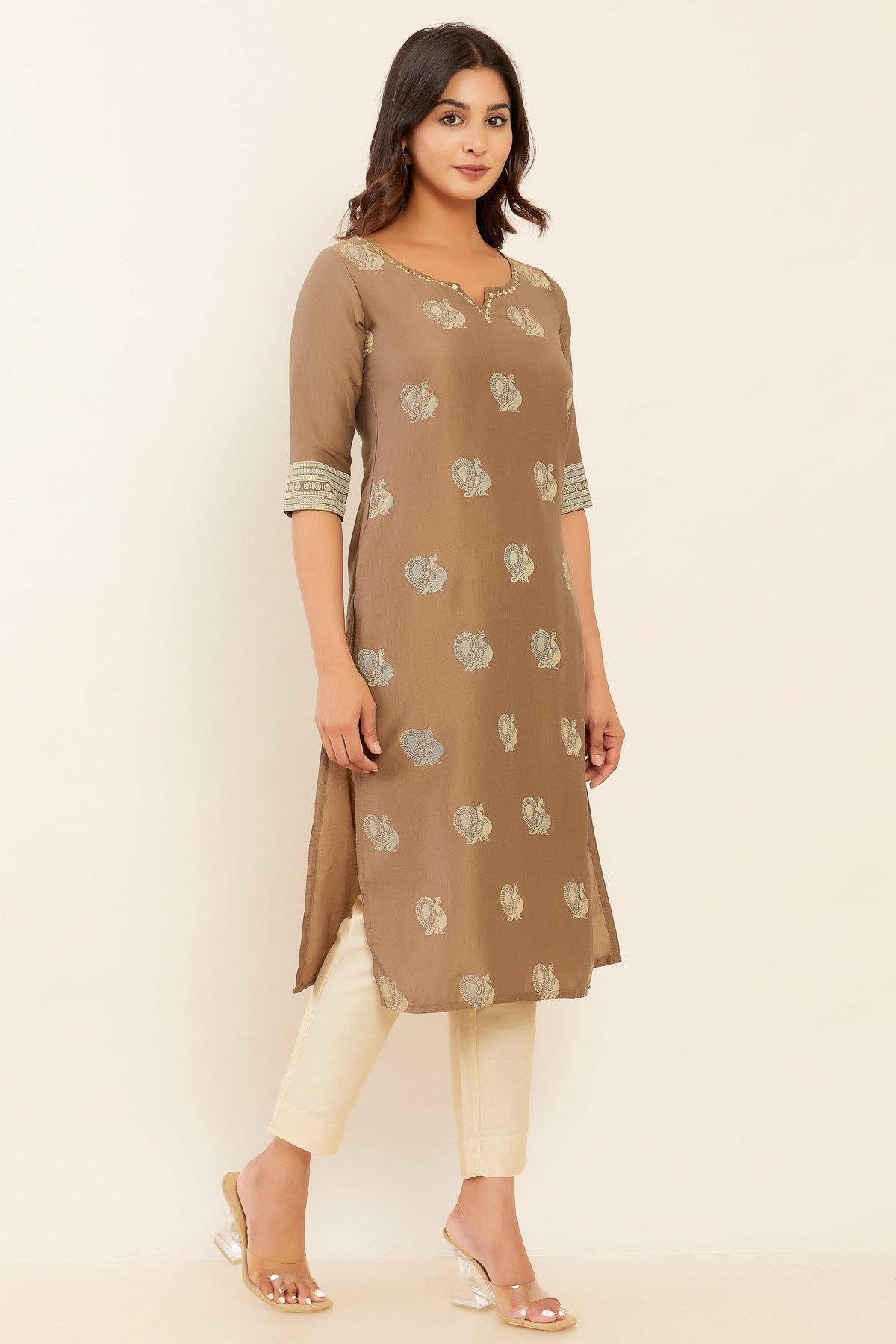 All Over Annam Printed With Embellished Foil Mirror Work Neckline Kurta Brown