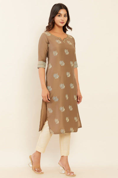 All Over Annam Printed With Embellished Foil Mirror Work Neckline Kurta - Brown