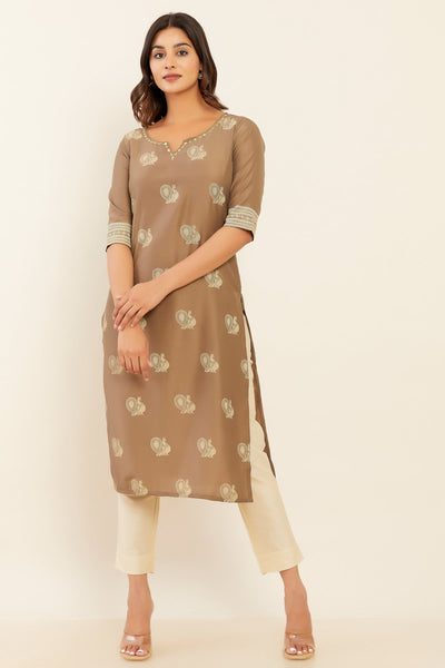 All Over Annam Printed With Embellished Foil Mirror Work Neckline Kurta - Brown