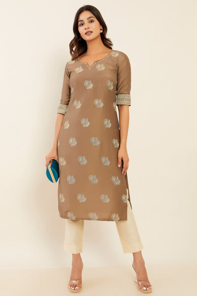 All Over Annam Printed With Embellished Foil Mirror Work Neckline Kurta Brown