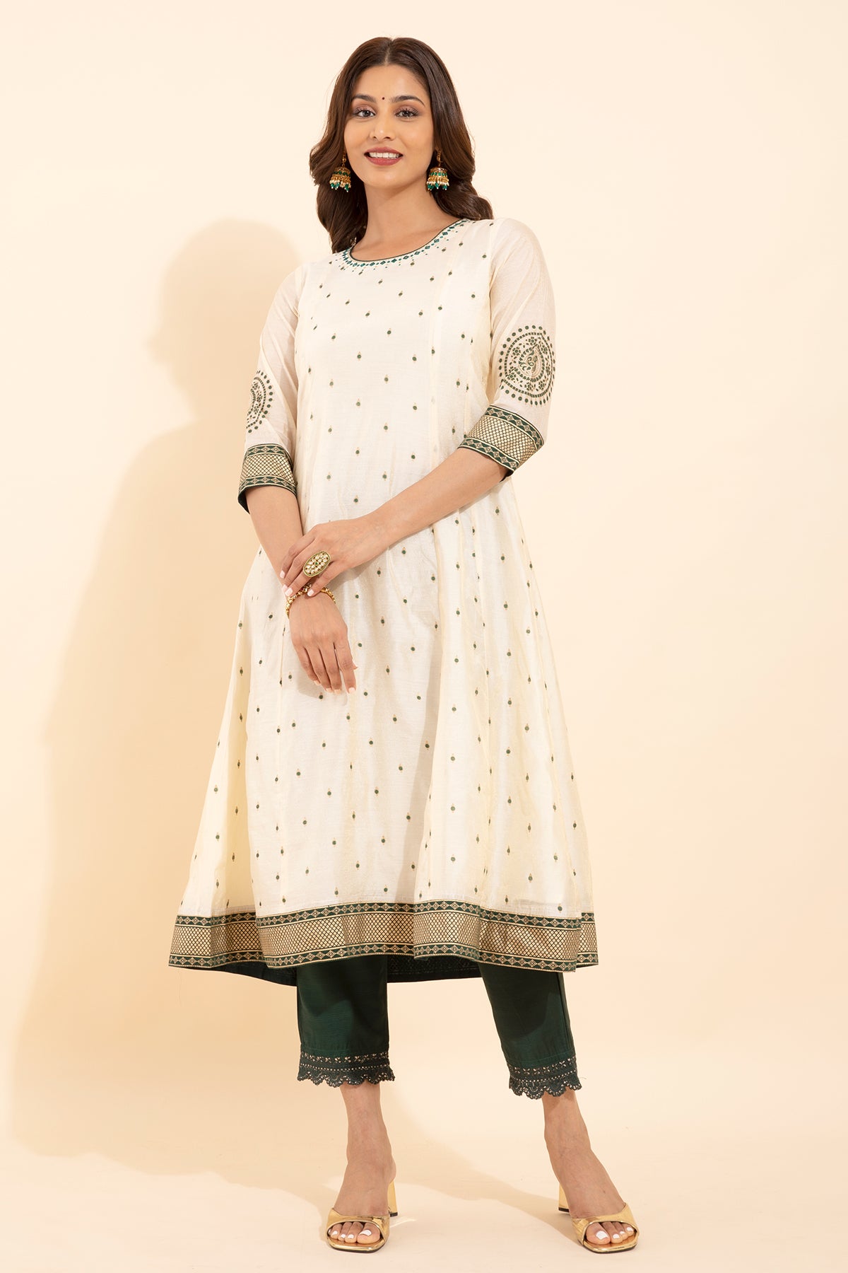 Jewel Inspired Printed With Geometric Embroidered Kurta Green