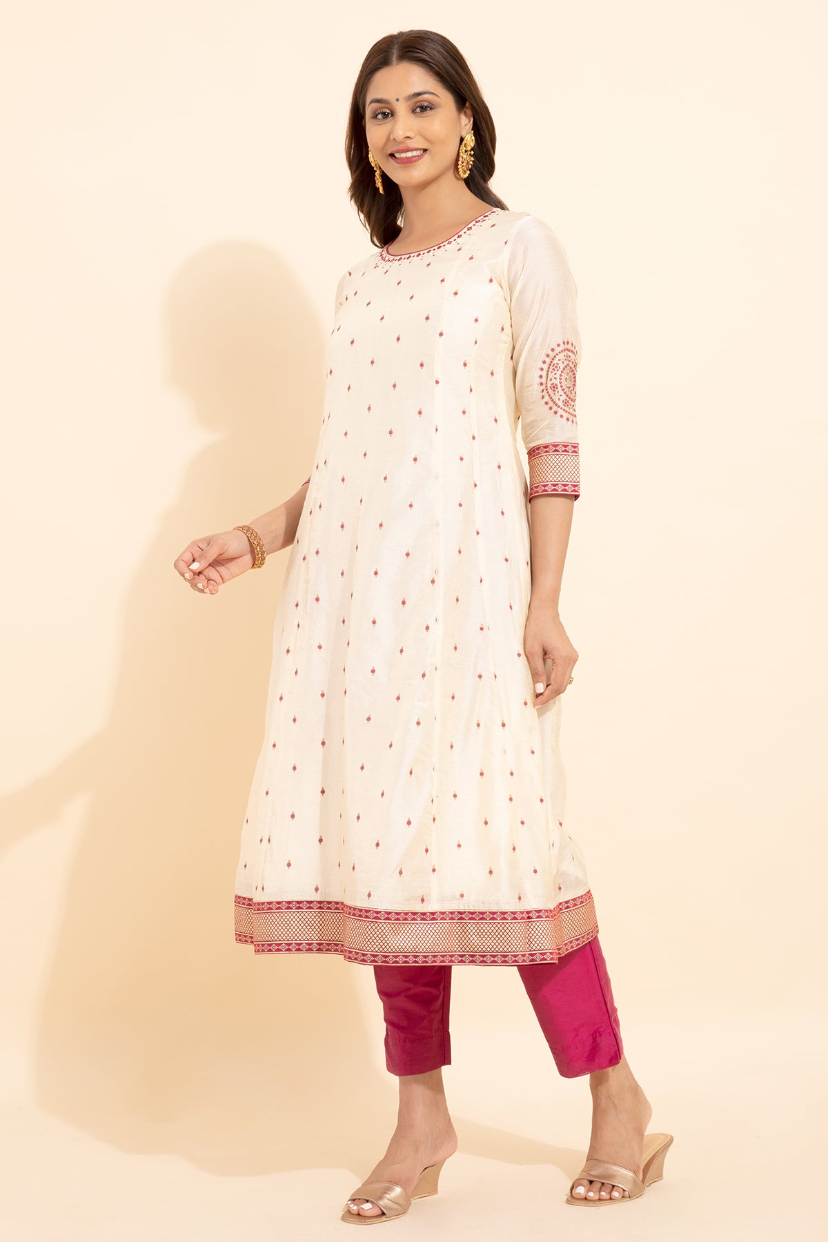 Jewel Inspired Printed With Geometric Embroidered Kurta Pink