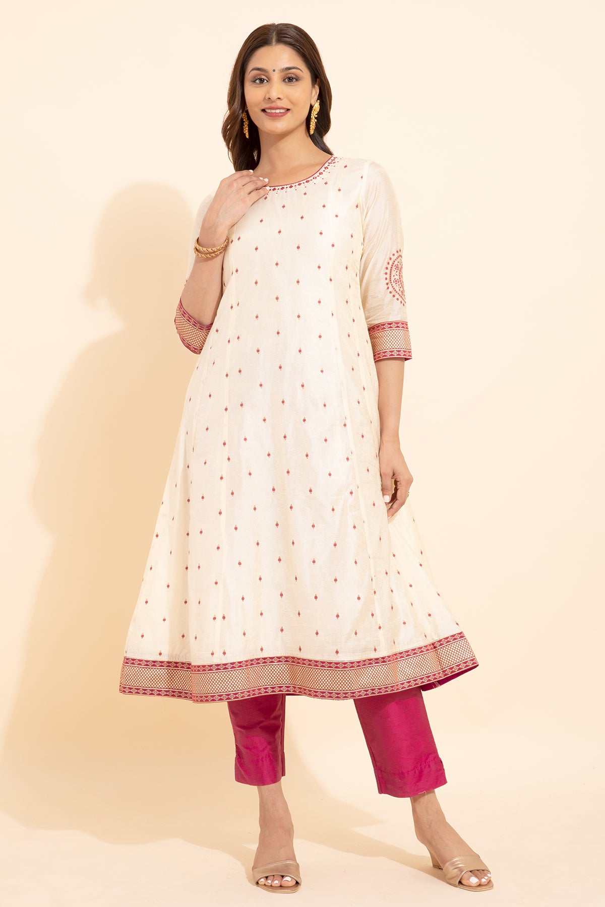 Jewel Inspired Printed With Geometric Embroidered Kurta Pink