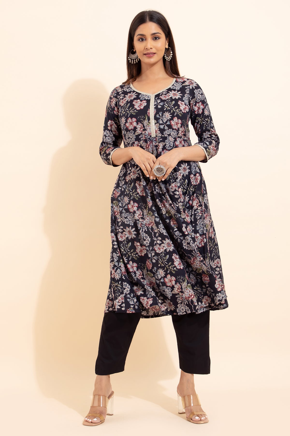 Floral Printed Kurta - Black