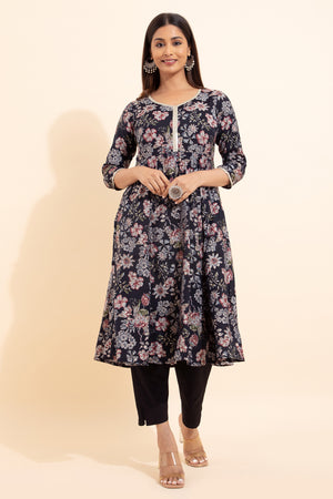 Floral Printed Kurta - Black