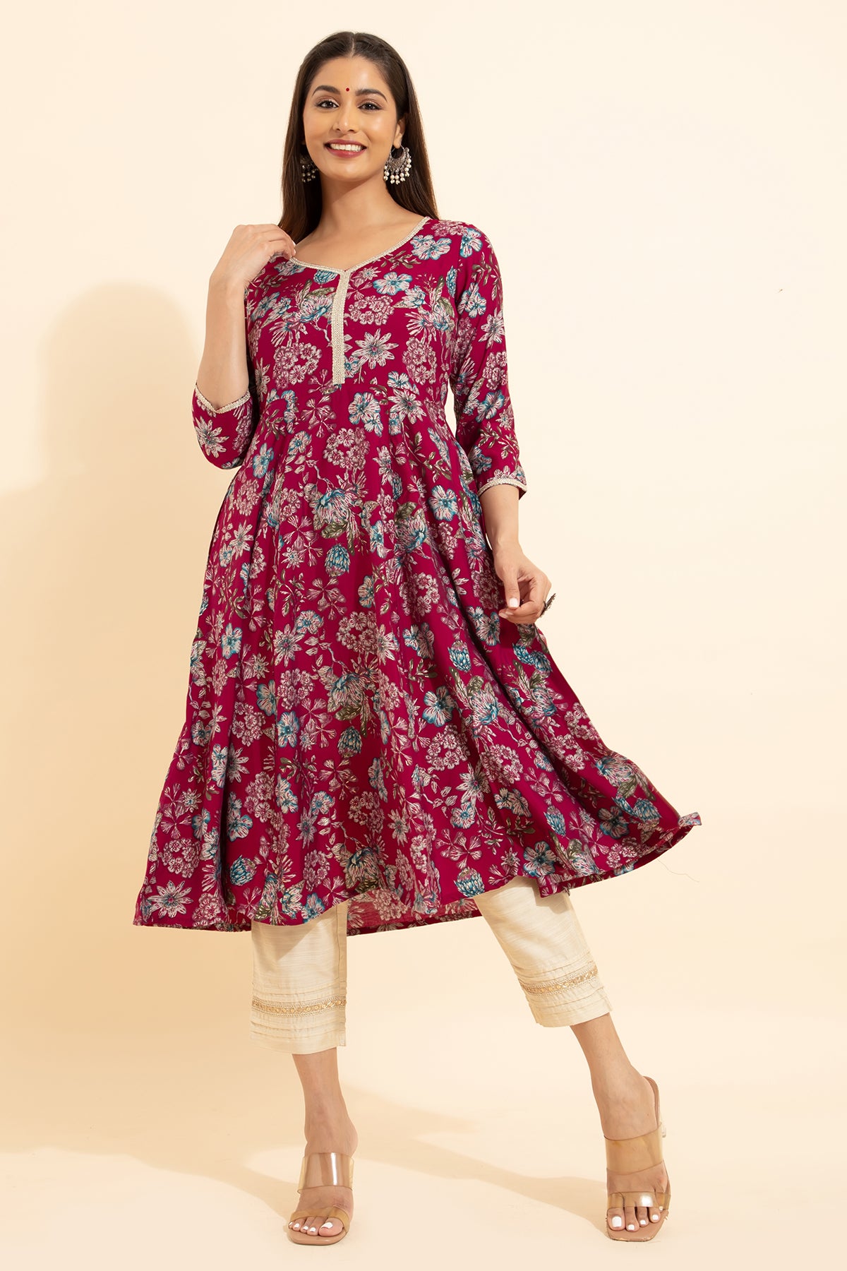 Floral Printed Kurta - Majenta