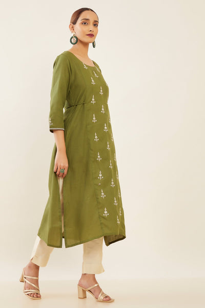 Contrast Floral Embroidered With Tie Up String Kurta Green