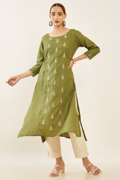 Contrast Floral Embroidered With Tie-Up String Kurta - Green
