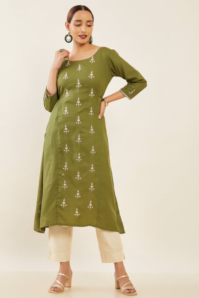 Contrast Floral Embroidered With Tie Up String Kurta Green