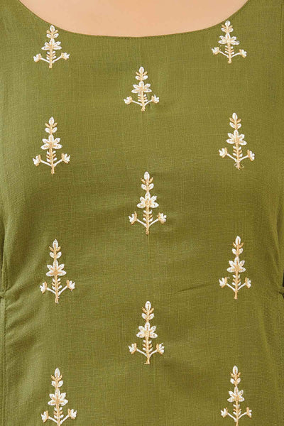 Contrast Floral Embroidered With Tie-Up String Kurta - Green