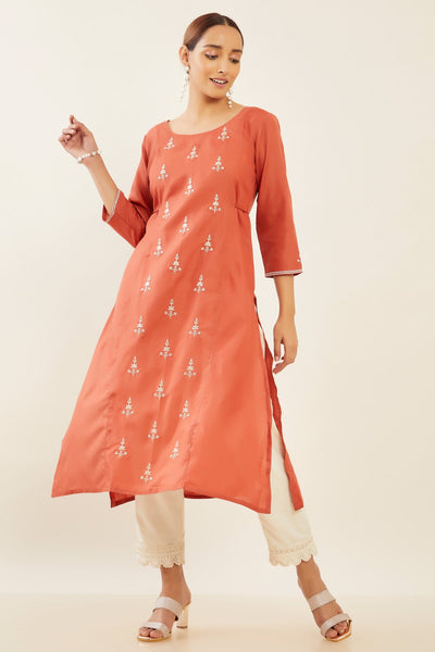 Contrast Floral Embroidered With Tie Up String Kurta Rust Orange