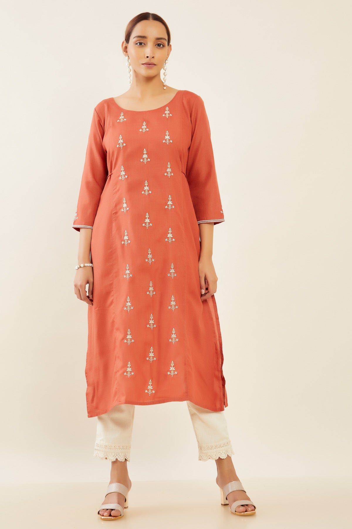 Contrast Floral Embroidered With Tie-Up String Kurta - Rust Orange