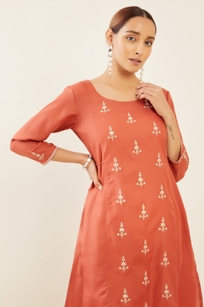 Contrast Floral Embroidered With Tie Up String Kurta Rust Orange