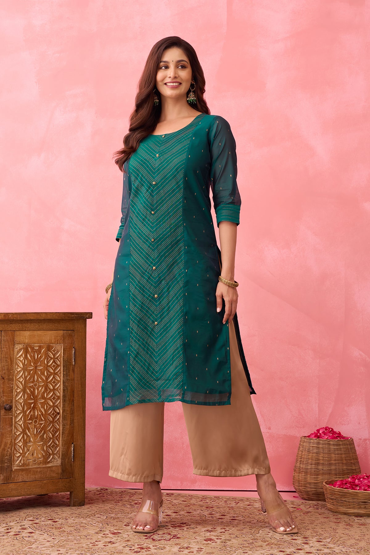 Golden Striped Paneled Kurta - Green
