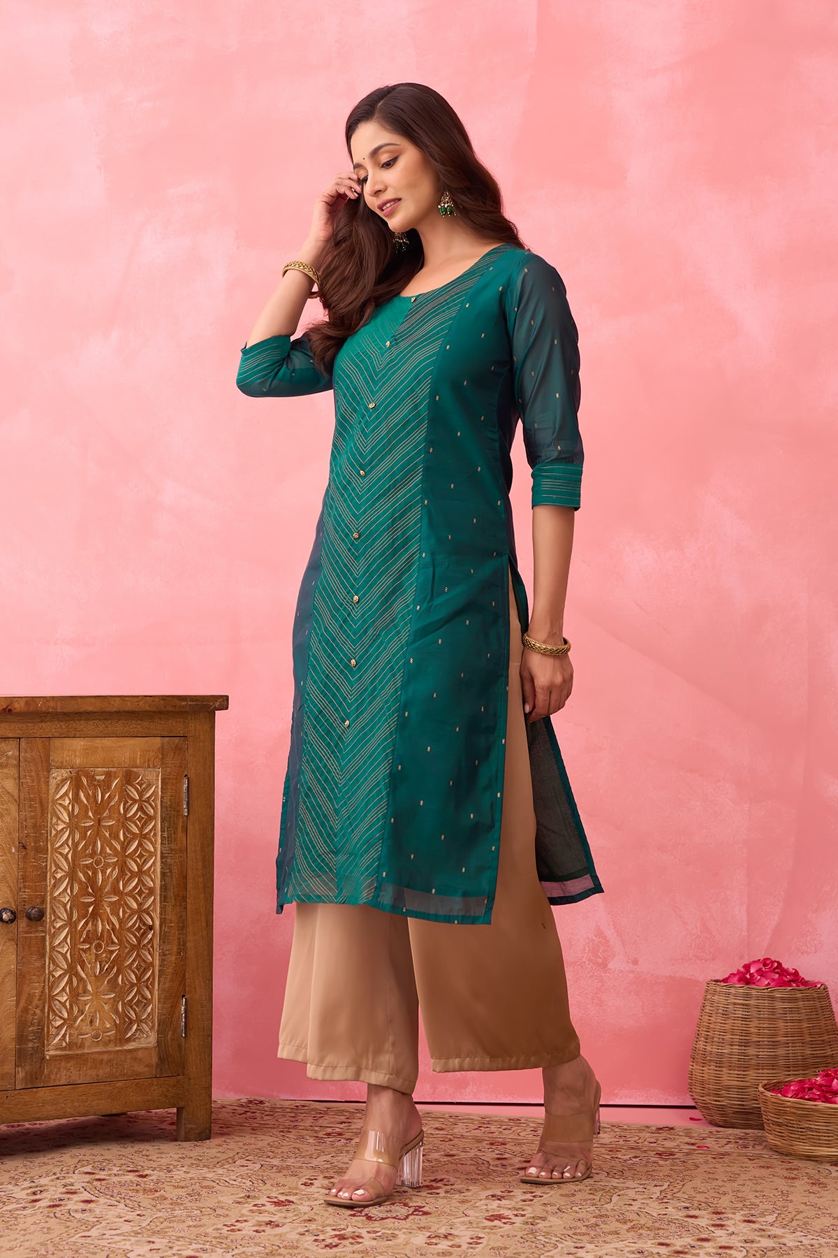 Golden Striped Paneled Kurta - Green
