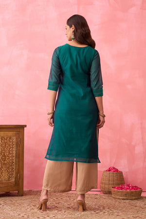 Golden Striped Paneled Kurta - Green
