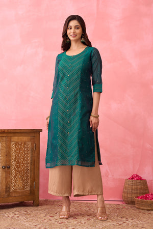 Golden Striped Paneled Kurta - Green