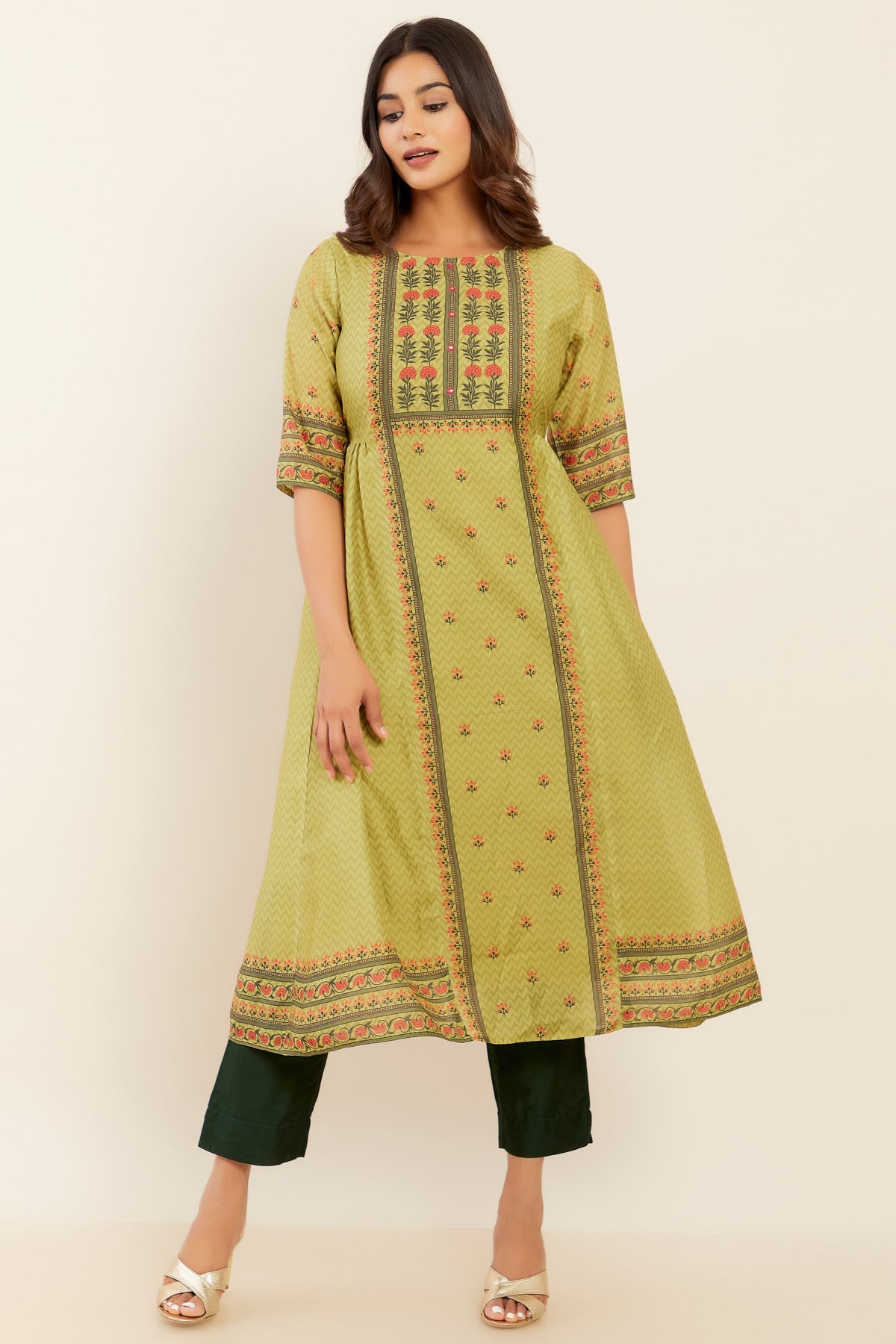 All Over Geometric & Floral Printed A-Line Pleated Kurta - Green