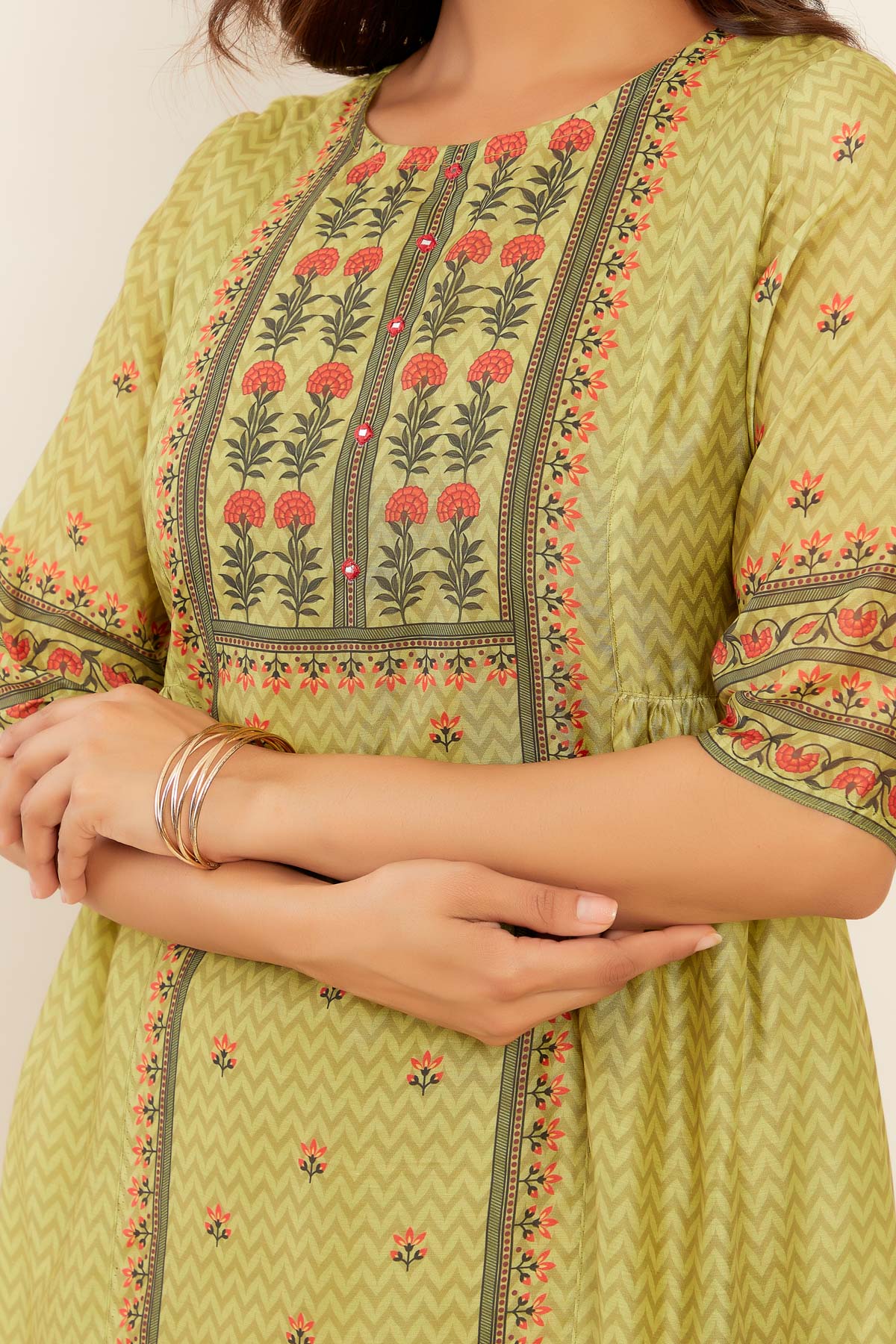 All Over Geometric & Floral Printed A-Line Pleated Kurta - Green