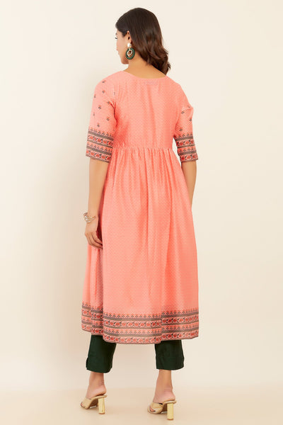 All Over Geometric & Floral Printed A-Line Pleated Kurta - Pink