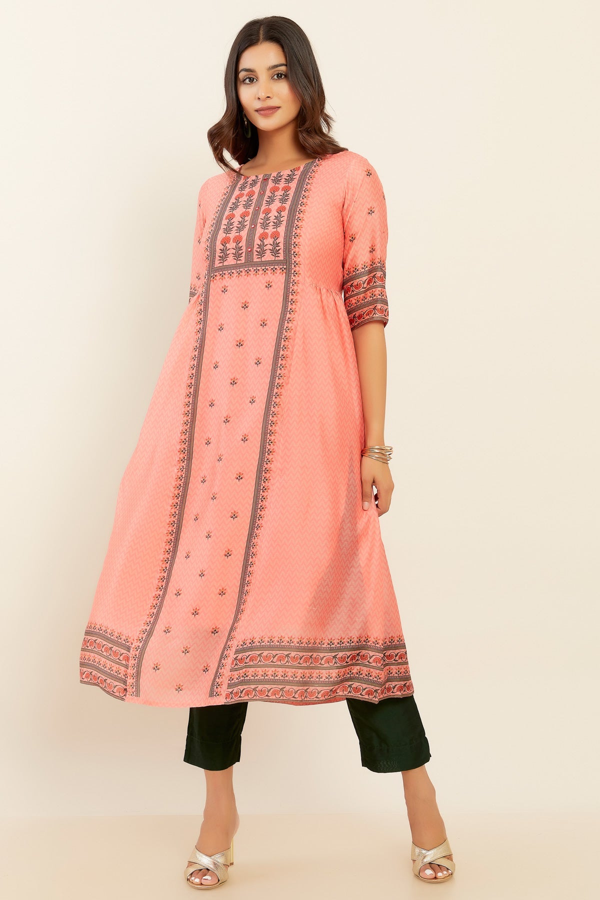 All Over Geometric & Floral Printed A-Line Pleated Kurta - Pink