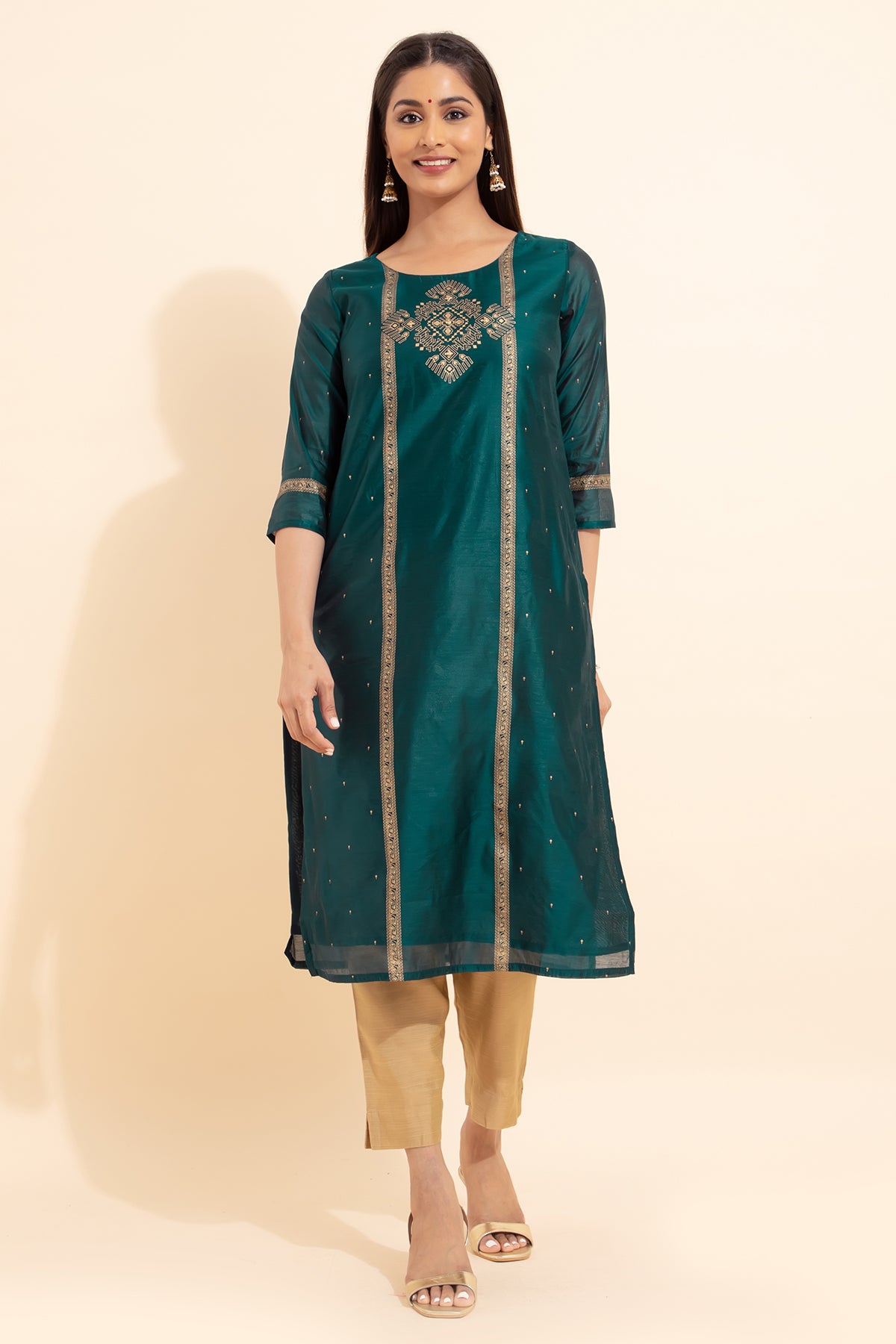 Geometric Motif Printed Kurta - Teal Green