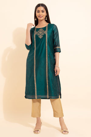 Geometric Motif Printed Kurta - Teal Green