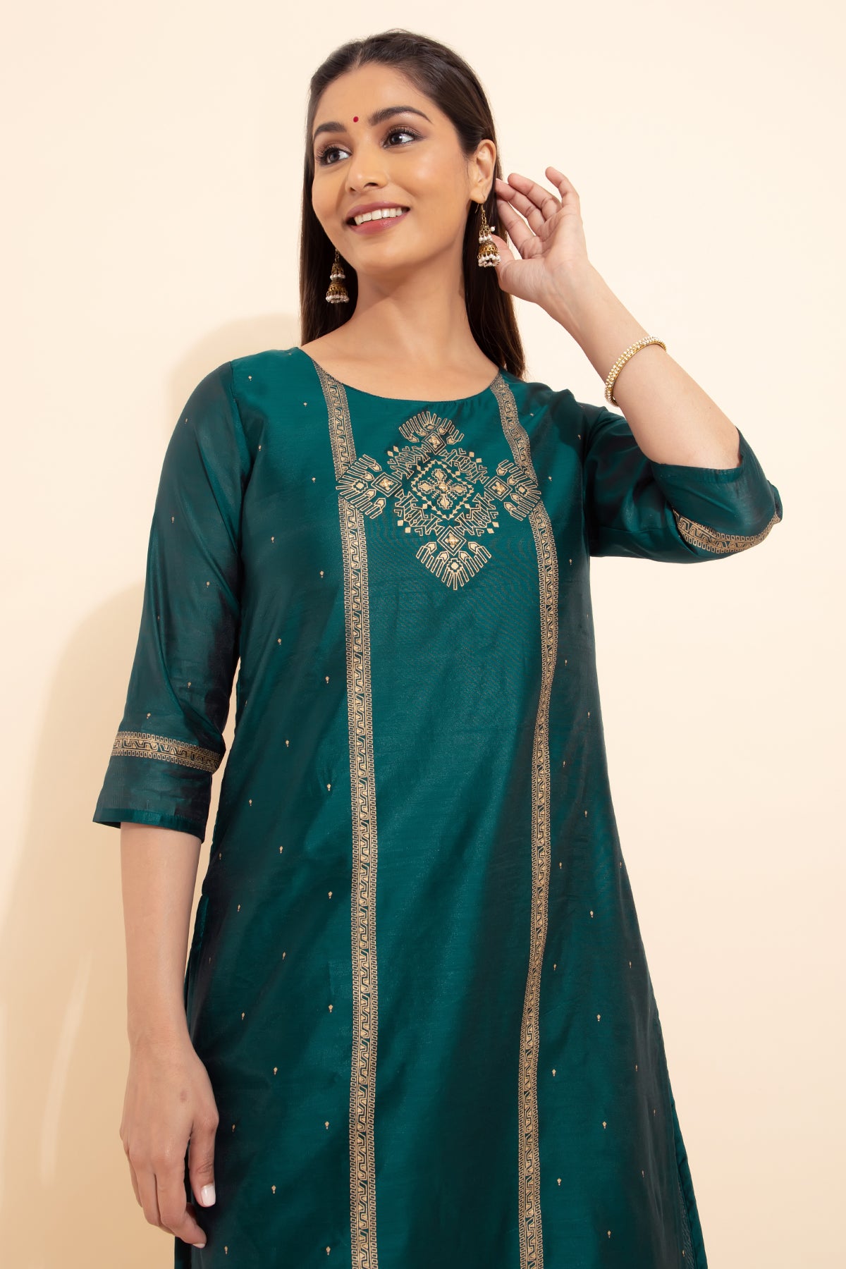 Geometric Motif Printed Kurta - Teal Green