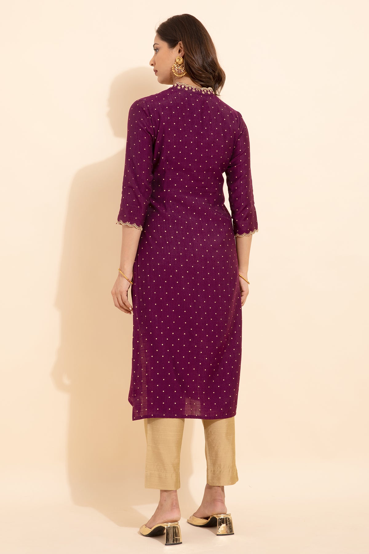 Floral Embroidered Neckline With Allover Polka Dots Printed Kurta Purple
